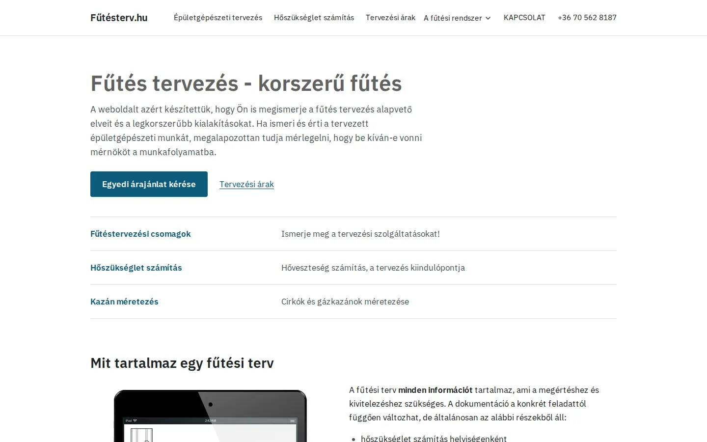 A futesterv.hu weboldal kezdőlapja számítógépen