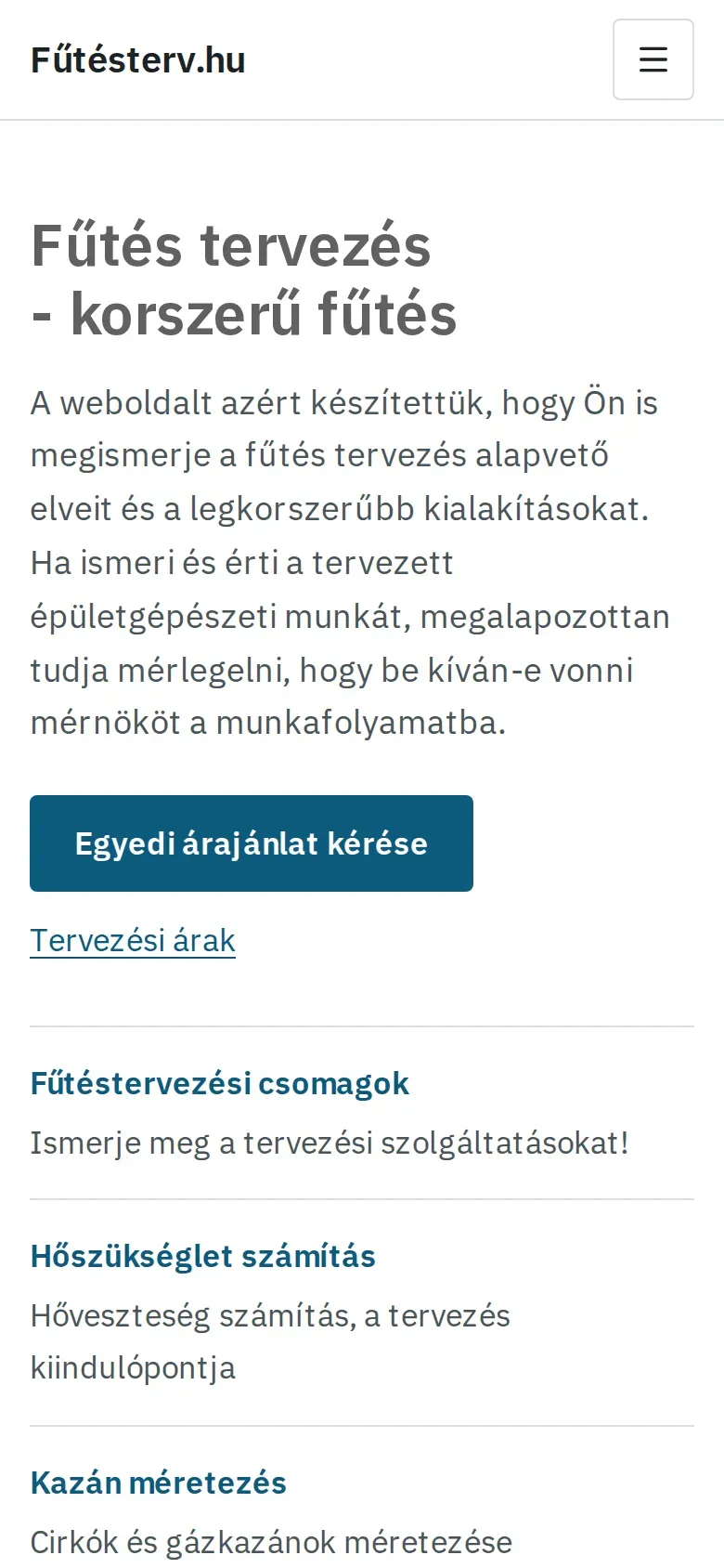 A futesterv.hu weboldal kezdőlapja mobilon